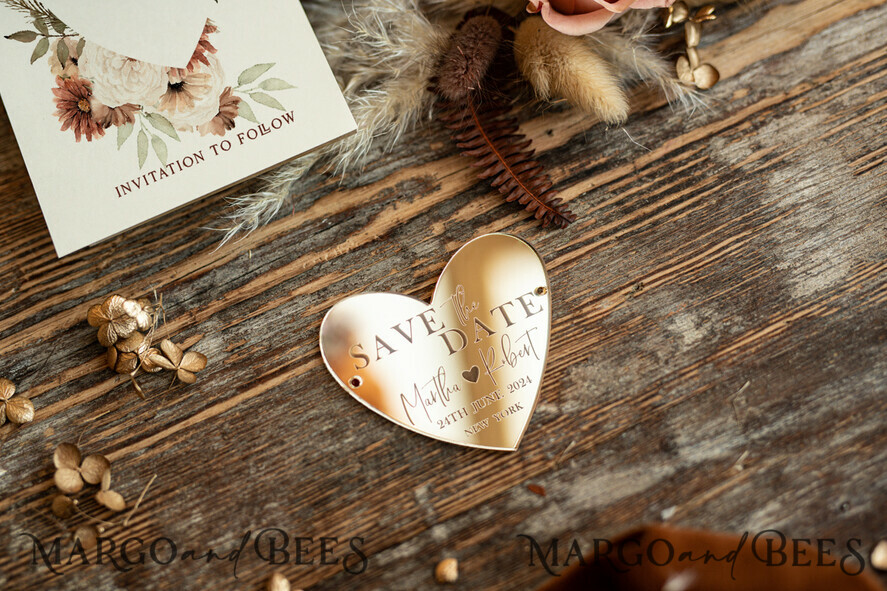 SAVE THE DATES acrylic gold magnets Personalised Save the Date Heart Acrylic Magnet and Card, Gold Terracotta Elegant Wedding Save The Dates Acrylic Heart, boho Save The Date Cards