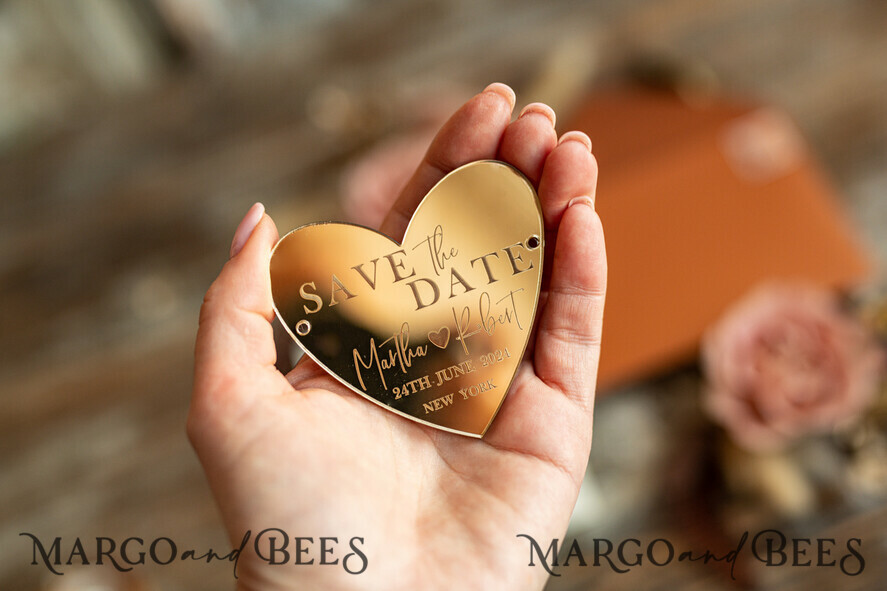SAVE THE DATES acrylic gold magnets Personalised Save the Date Heart Acrylic Magnet and Card, Gold Terracotta Elegant Wedding Save The Dates Acrylic Heart, boho Save The Date Cards
