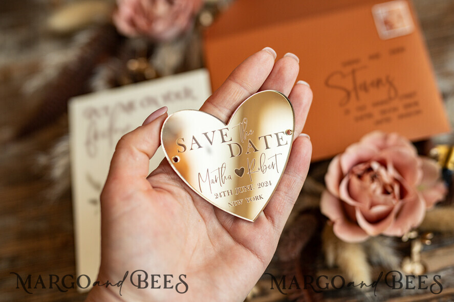 SAVE THE DATES acrylic gold magnets Personalised Save the Date Heart Acrylic Magnet and Card, Gold Terracotta Elegant Wedding Save The Dates Acrylic Heart, boho Save The Date Cards