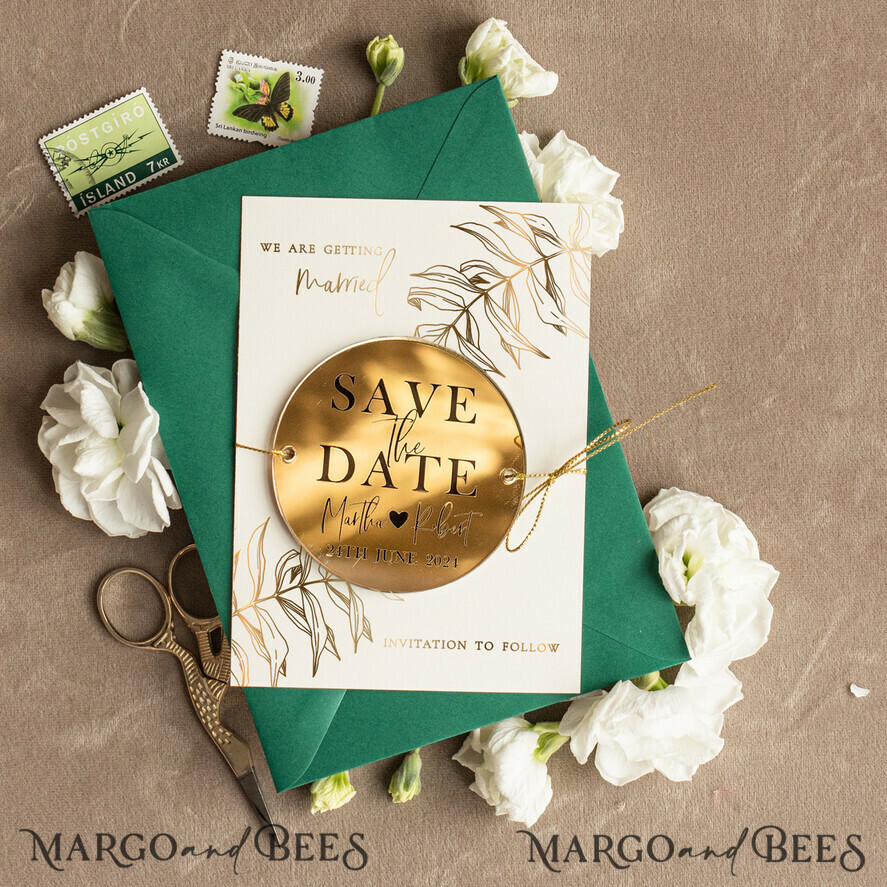 SAVE THE DATES acrylic gold magnets Elegant Save the Date Magnet and Card, Gold Dark Green Elegant Wedding Save The Dates Acrylic tag