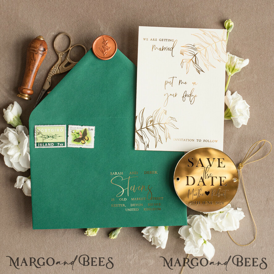 SAVE THE DATES acrylic gold magnets Elegant Save the Date Magnet and Card, Gold Dark Green Elegant Wedding Save The Dates Acrylic tag