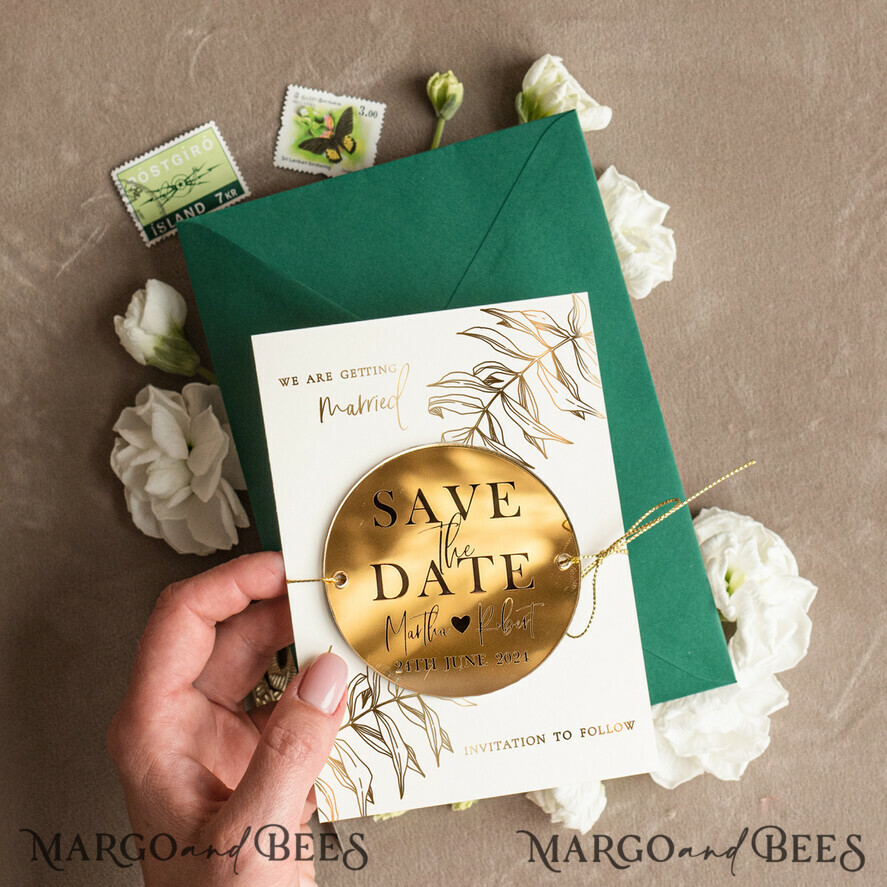 SAVE THE DATES acrylic gold magnets Elegant Save the Date Magnet and Card, Gold Dark Green Elegant Wedding Save The Dates Acrylic tag