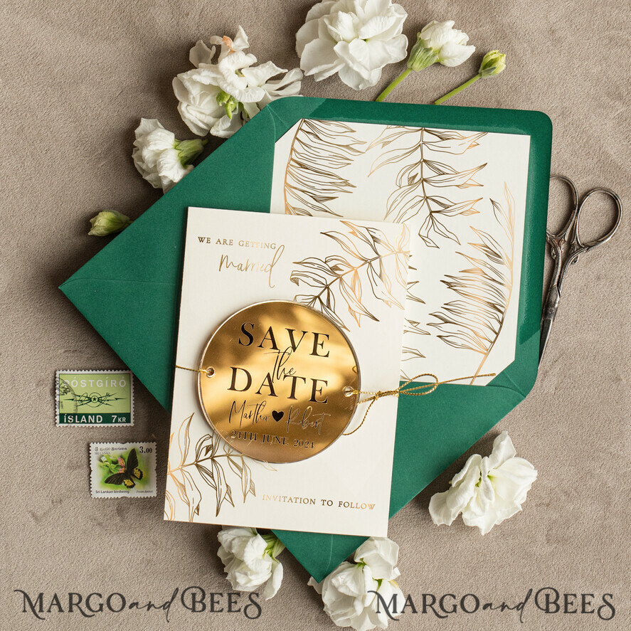 SAVE THE DATES acrylic gold magnets Elegant Save the Date Magnet and Card, Gold Dark Green Elegant Wedding Save The Dates Acrylic tag
