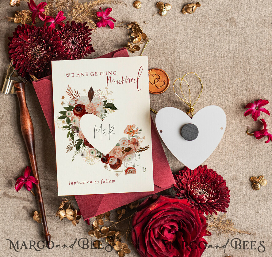 SAVE THE DATES acrylic gold magnets Personalised Save the Date Heart Magnet and Card, Marrone Elegant Wedding Save The Dates Acrylic Gold Heart