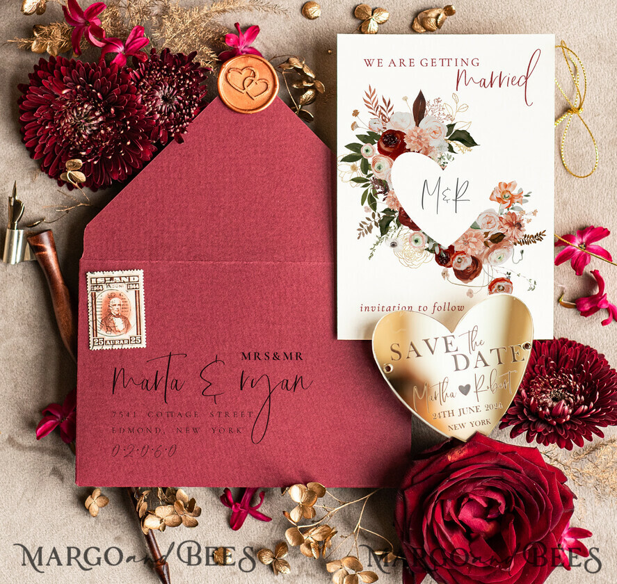 SAVE THE DATES acrylic gold magnets Personalised Save the Date Heart Magnet and Card, Marrone Elegant Wedding Save The Dates Acrylic Gold Heart