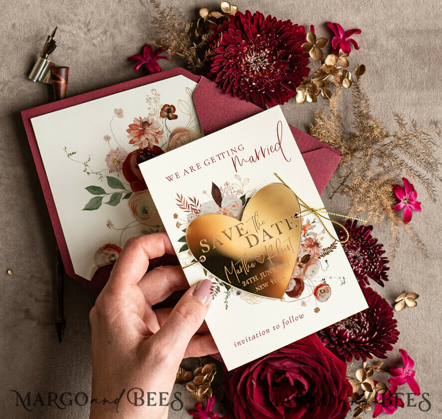 SAVE THE DATES acrylic gold magnets Personalised Save the Date Heart Magnet and Card, Marrone Elegant Wedding Save The Dates Acrylic Gold Heart