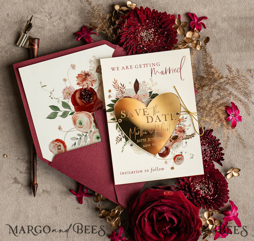 SAVE THE DATES acrylic gold magnets Personalised Save the Date Heart Magnet and Card, Marrone Elegant Wedding Save The Dates Acrylic Gold Heart