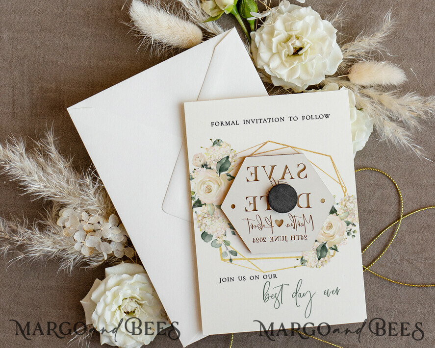 SAVE THE DATES acrylic gold magnets Gold Personalised Save the Date Hexagon Magnet and Card, Elegant Wedding Save The Dates Acrylic Golden Magnets
