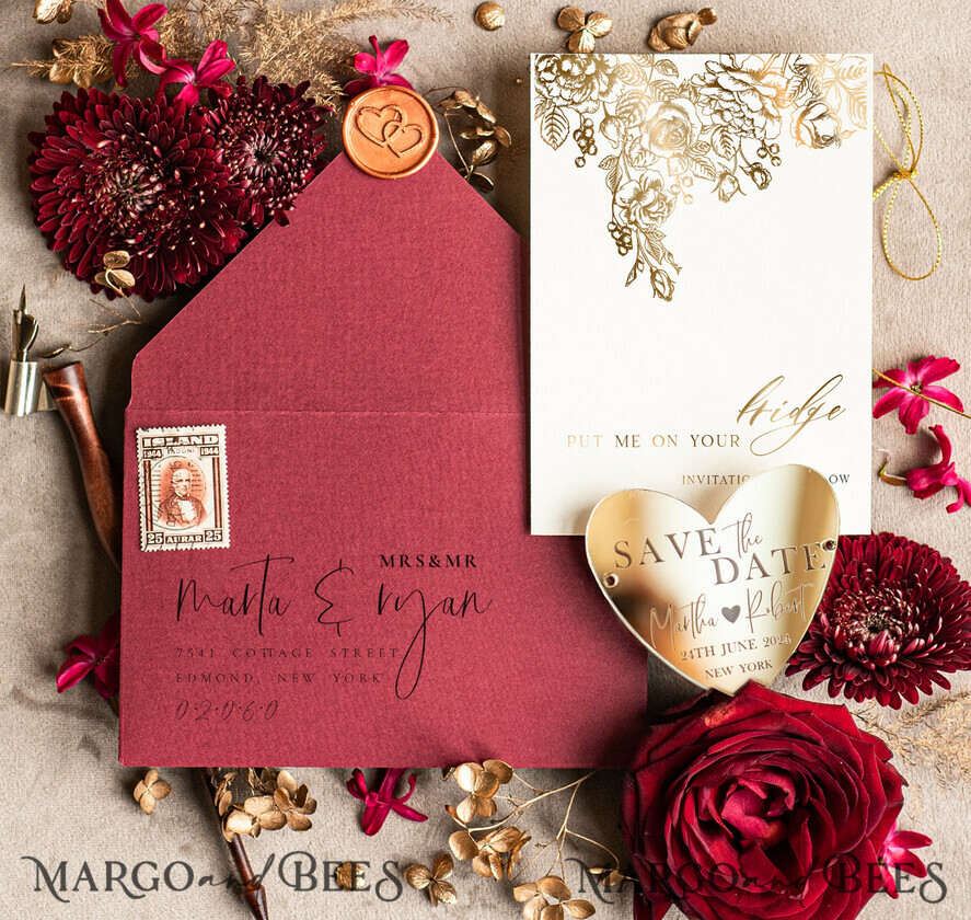 SAVE THE DATES acrylic gold magnets Personalised Save the Date Heart Magnet and Card, Gold burgundy Elegant Wedding Save The Dates Acrylic Heart
