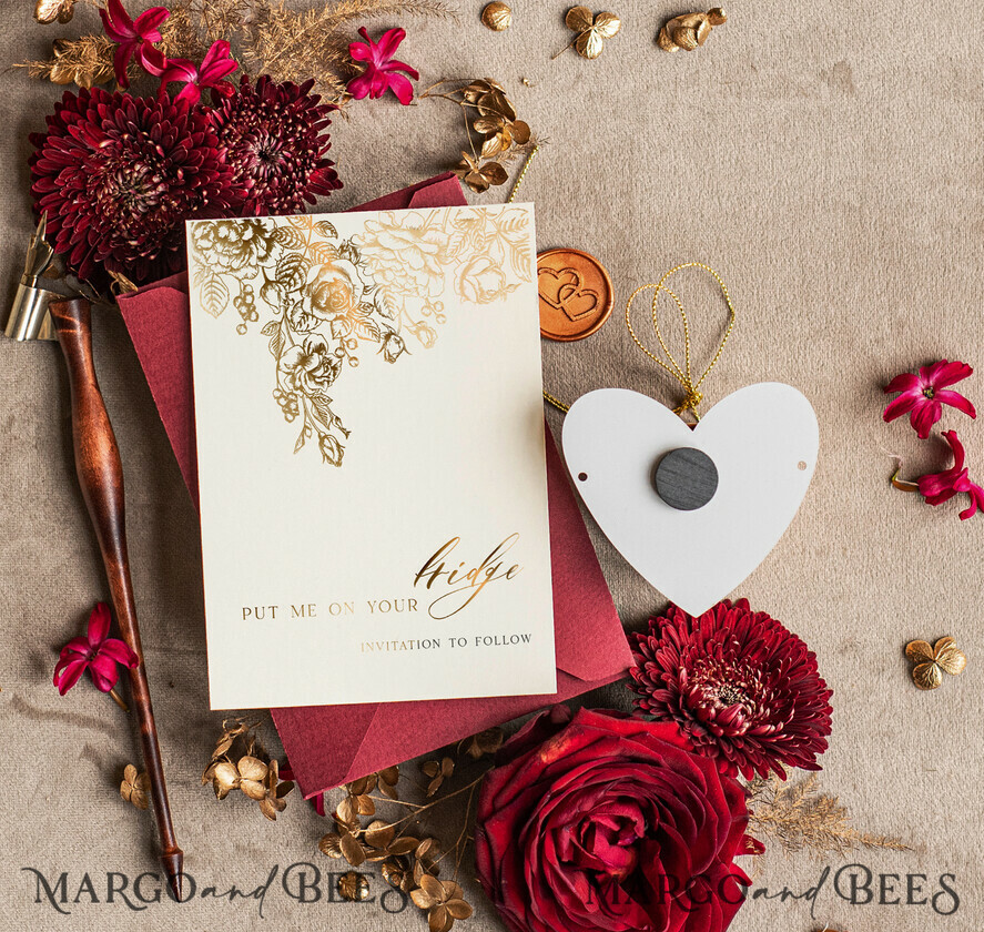 SAVE THE DATES acrylic gold magnets Personalised Save the Date Heart Magnet and Card, Gold burgundy Elegant Wedding Save The Dates Acrylic Heart