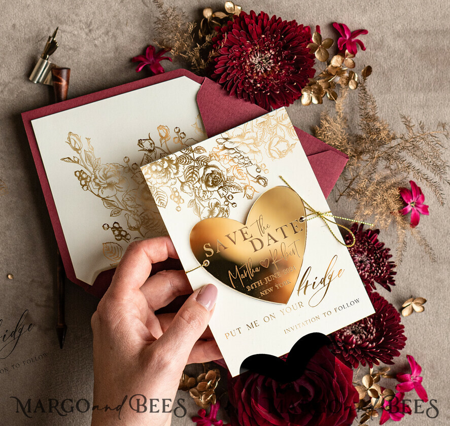 SAVE THE DATES acrylic gold magnets Personalised Save the Date Heart Magnet and Card, Gold burgundy Elegant Wedding Save The Dates Acrylic Heart