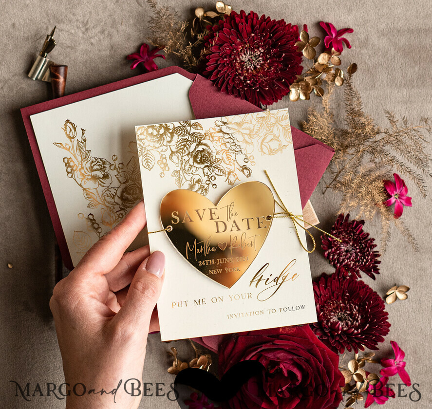 SAVE THE DATES acrylic gold magnets Personalised Save the Date Heart Magnet and Card, Gold burgundy Elegant Wedding Save The Dates Acrylic Heart