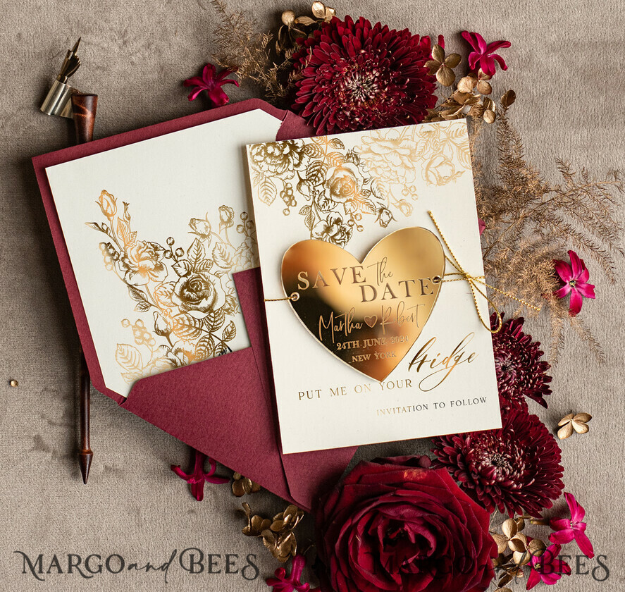 SAVE THE DATES acrylic gold magnets Personalised Save the Date Heart Magnet and Card, Gold burgundy Elegant Wedding Save The Dates Acrylic Heart