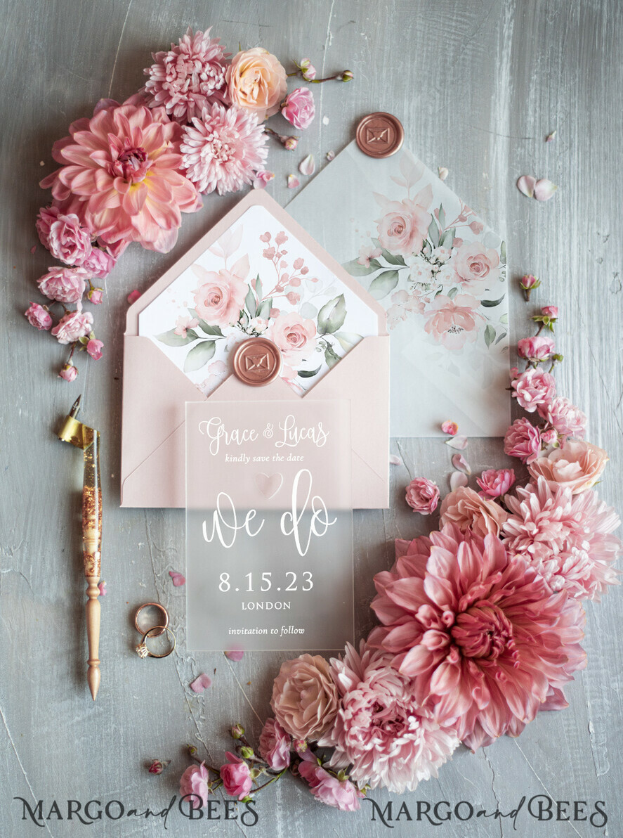 SAVE THE DATES acrylic gold magnets Save the date personalized, luxory plexi satin, blush pink envelope Luxory wedding save the date