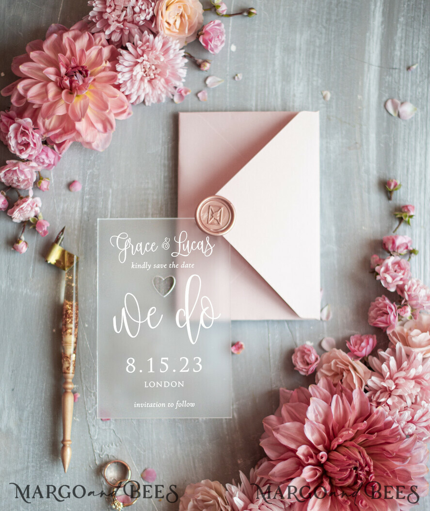 SAVE THE DATES acrylic gold magnets Save the date personalized, luxory plexi satin, blush pink envelope Luxory wedding save the date