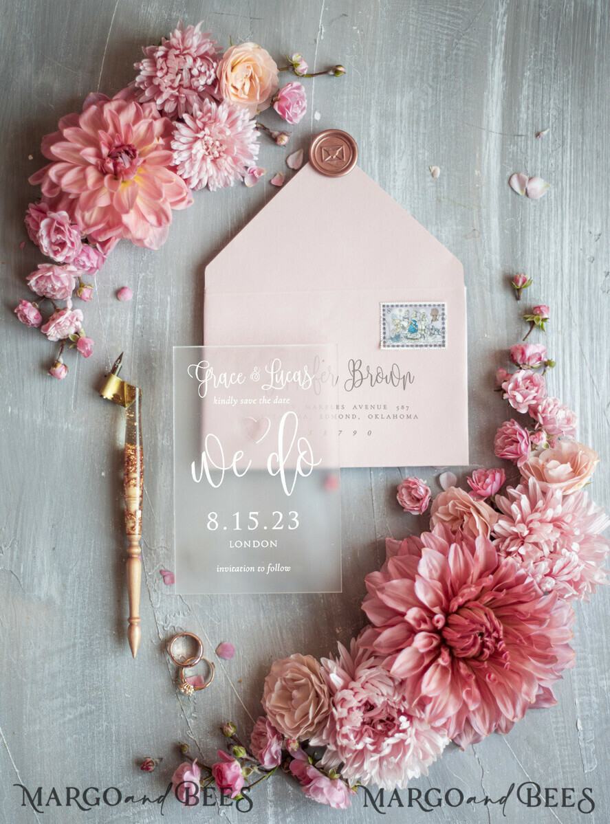 SAVE THE DATES acrylic gold magnets Save the date personalized, luxory plexi satin, blush pink envelope Luxory wedding save the date