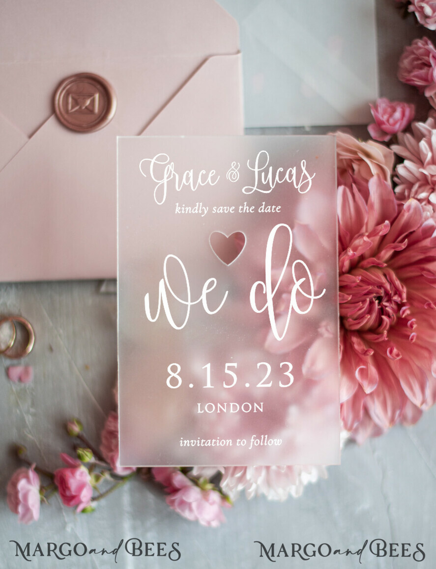 SAVE THE DATES acrylic gold magnets Save the date personalized, luxory plexi satin, blush pink envelope Luxory wedding save the date