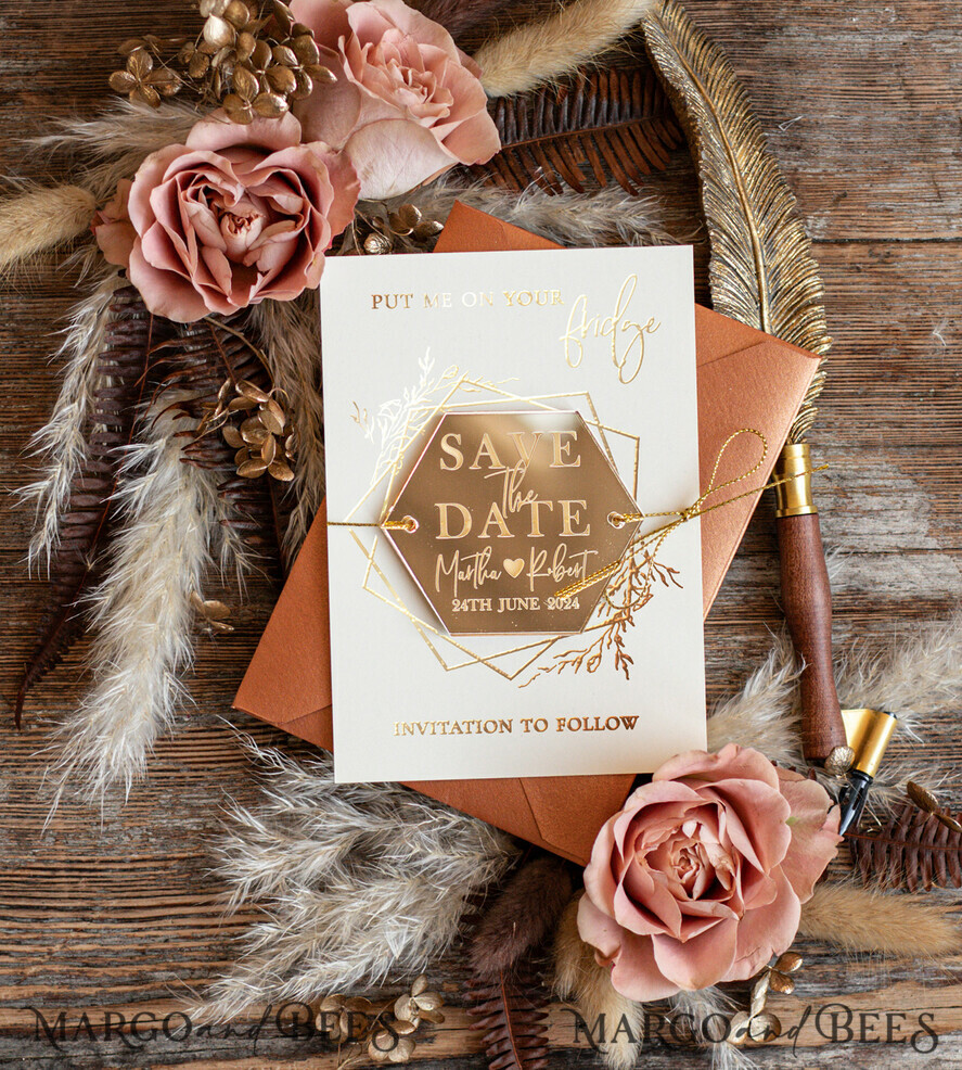 SAVE THE DATES acrylic gold magnets Personalised Save the Date Hexagon Acrylic Magnet and Card, Gold Terracotta Elegant Wedding Save The Dates Acrylic Magnets, boho Save The Date Cards
