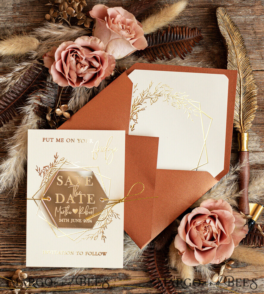SAVE THE DATES acrylic gold magnets Personalised Save the Date Hexagon Acrylic Magnet and Card, Gold Terracotta Elegant Wedding Save The Dates Acrylic Magnets, boho Save The Date Cards