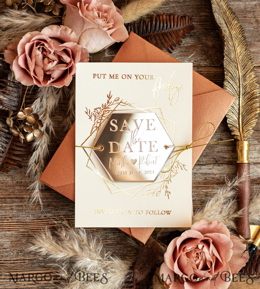 SAVE THE DATES acrylic gold magnets Personalised Save the Date Hexagon Acrylic Magnet and Card, Gold Terracotta Elegant Wedding Save The Dates Acrylic Magnets, boho Save The Date Cards