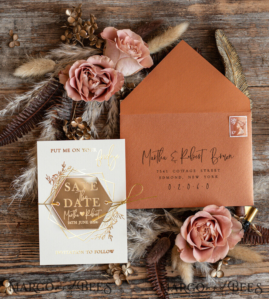 SAVE THE DATES acrylic gold magnets Personalised Save the Date Hexagon Acrylic Magnet and Card, Gold Terracotta Elegant Wedding Save The Dates Acrylic Magnets, boho Save The Date Cards
