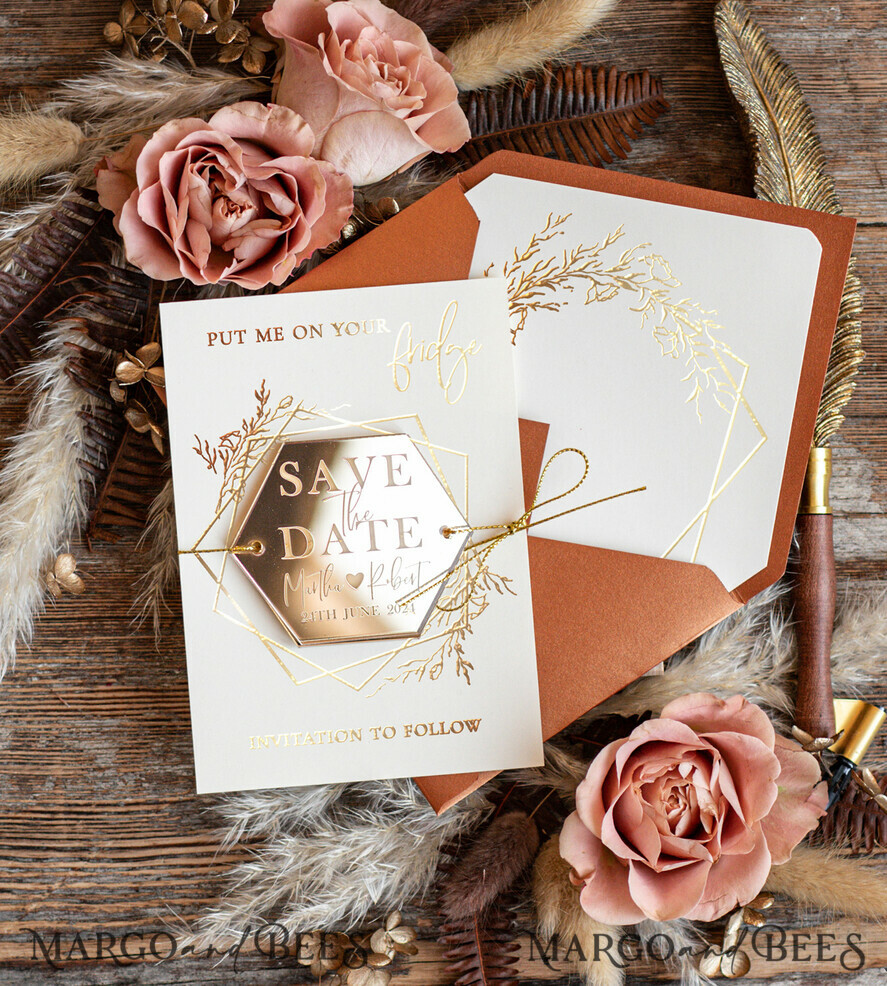 SAVE THE DATES acrylic gold magnets Personalised Save the Date Hexagon Acrylic Magnet and Card, Gold Terracotta Elegant Wedding Save The Dates Acrylic Magnets, boho Save The Date Cards