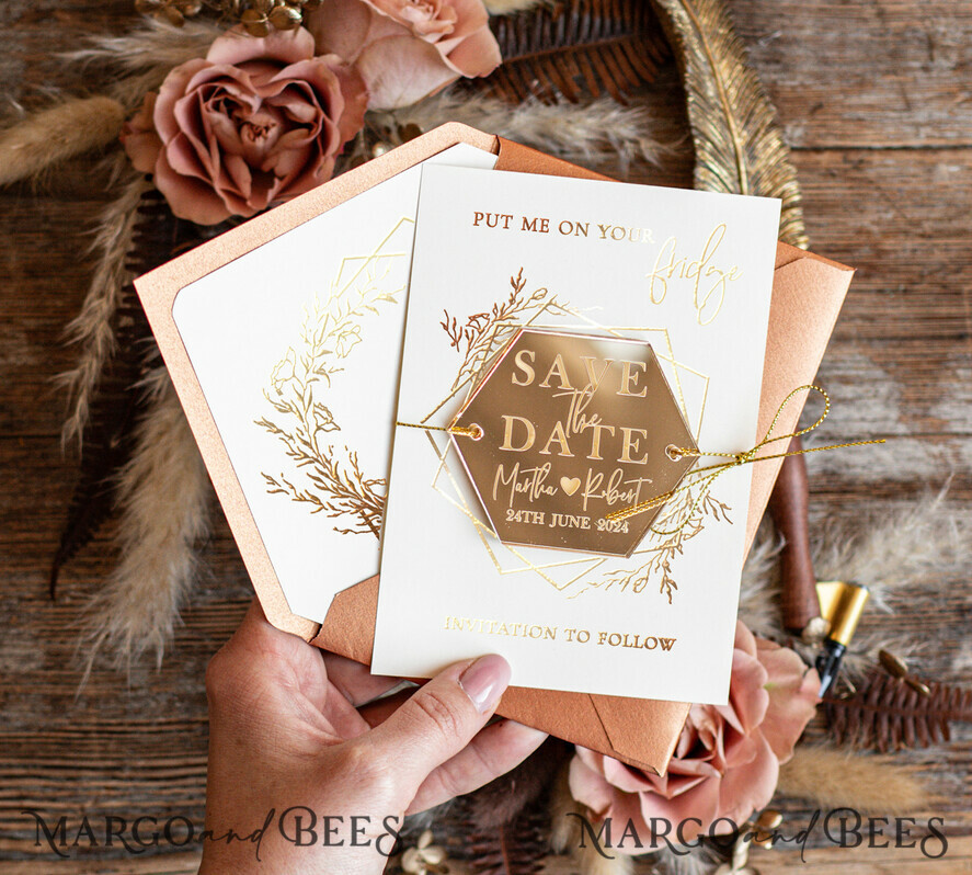 SAVE THE DATES acrylic gold magnets Personalised Save the Date Hexagon Acrylic Magnet and Card, Gold Terracotta Elegant Wedding Save The Dates Acrylic Magnets, boho Save The Date Cards