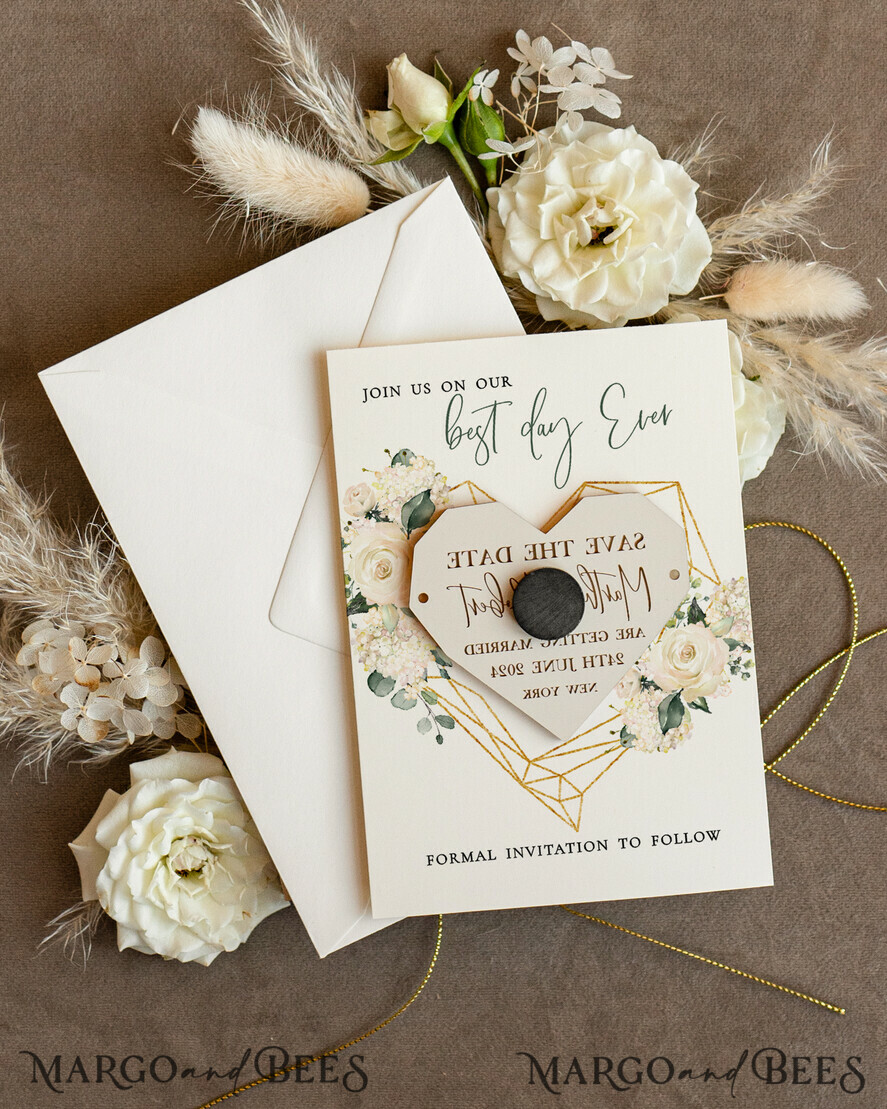 SAVE THE DATES acrylic gold magnets Personalised Save the Date Heart Magnet and Card, Elegant Wedding Save The Dates Acrylic golden Magnets