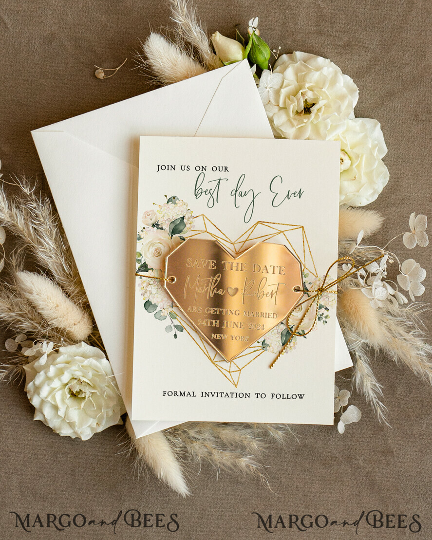 SAVE THE DATES acrylic gold magnets Personalised Save the Date Heart Magnet and Card, Elegant Wedding Save The Dates Acrylic golden Magnets