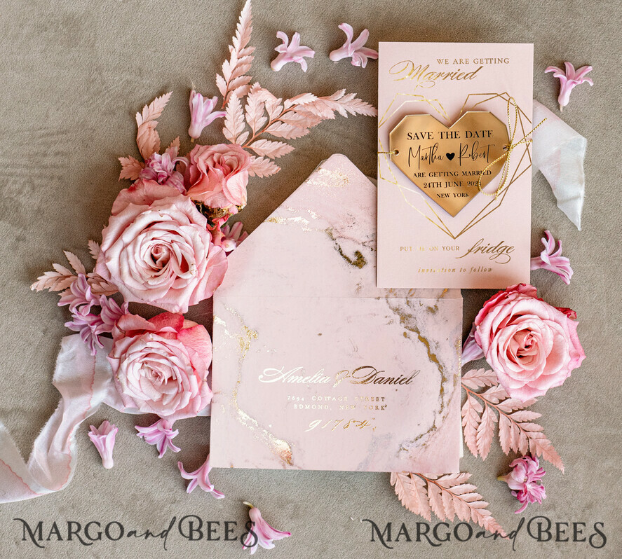 SAVE THE DATES acrylic gold magnets Beautiful Save the Date card, Gold and blush pink Save the Date Heart Acrylic Magnet, Gold Elegant Wedding Save The Dates
