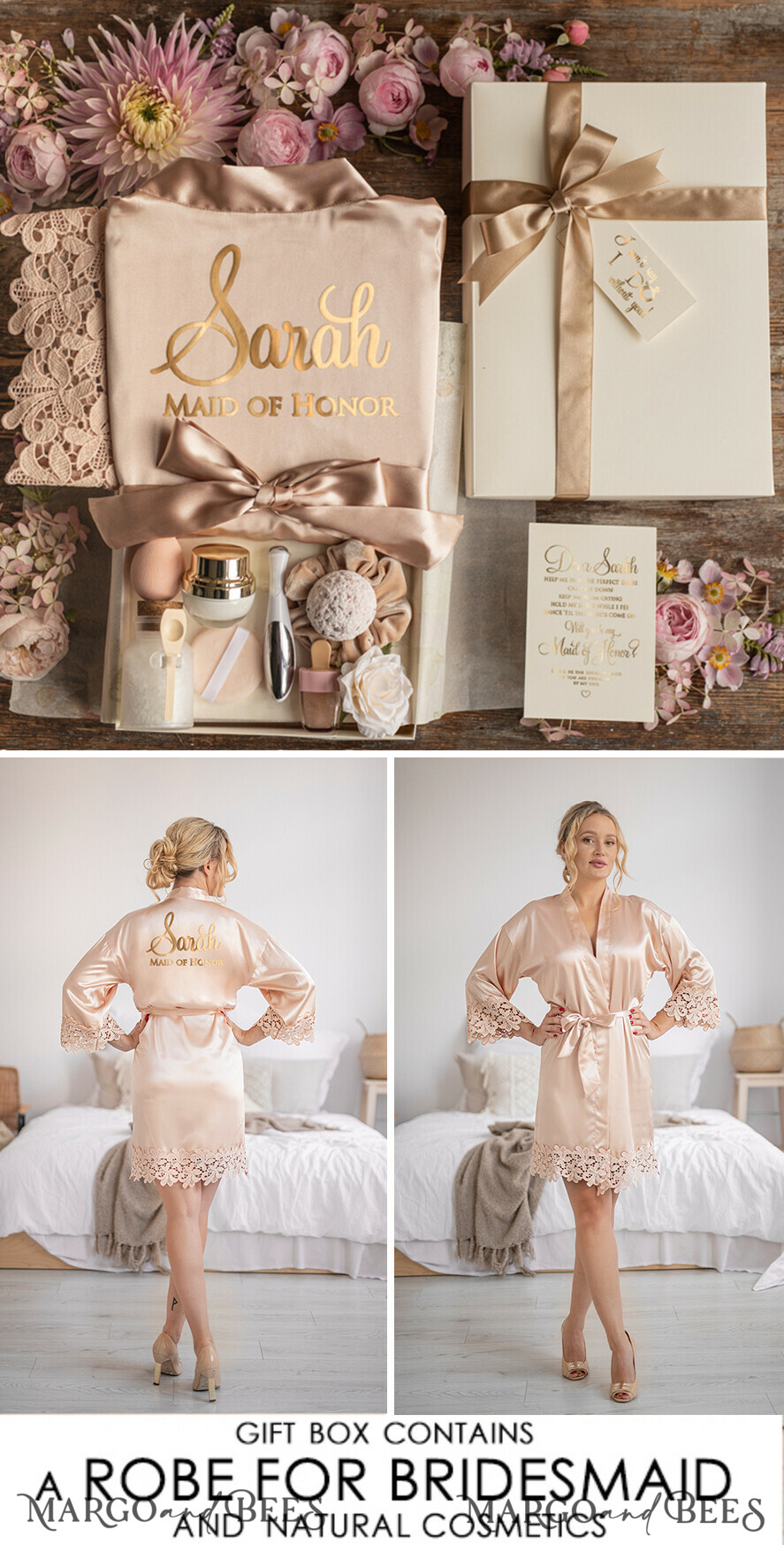 BRIDESMAID/BEST MAN BOX WILL YOU BE MY BRIDESMAID Bridesmaid Luxury Satin Robe, Maid og Honor Gift Box, Spa Day cosmetic wedding set