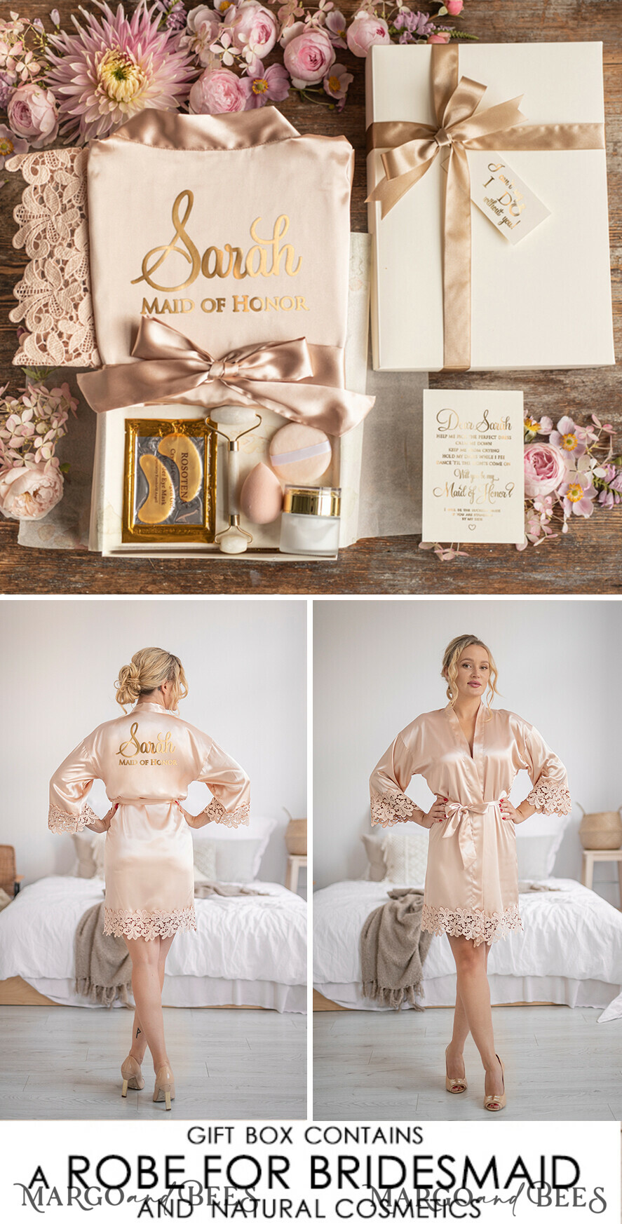 BRIDESMAID/BEST MAN BOX WILL YOU BE MY BRIDESMAID Bridesmaid Luxury Satin Robe, Maid og Honor Gift Box, Spa Day cosmetic wedding set