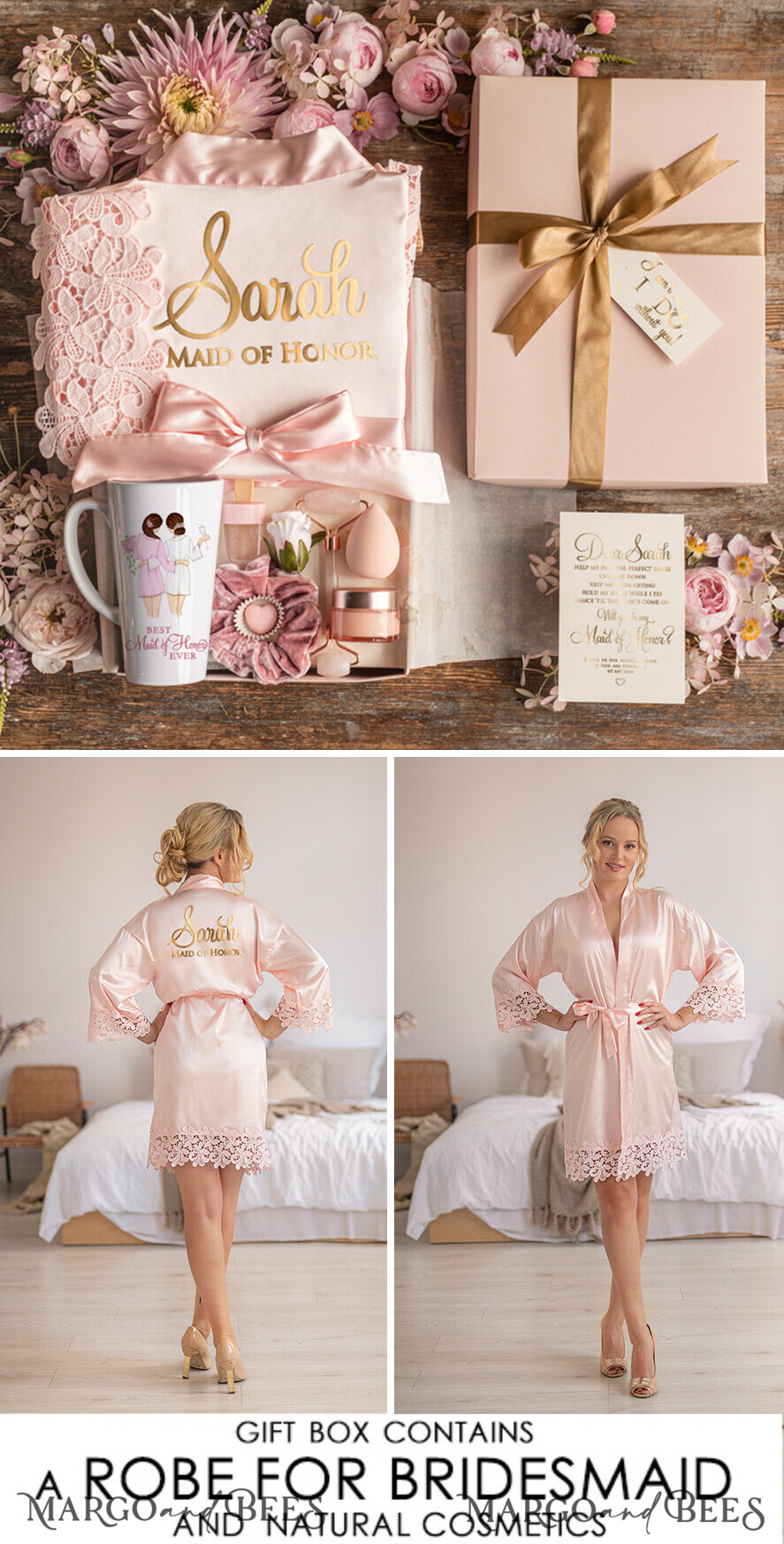BRIDESMAID/BEST MAN BOX WILL YOU BE MY BRIDESMAID Bridesmaid Luxury Satin Robe, Maid og Honor Gift Box, Spa Day cosmetic wedding set
