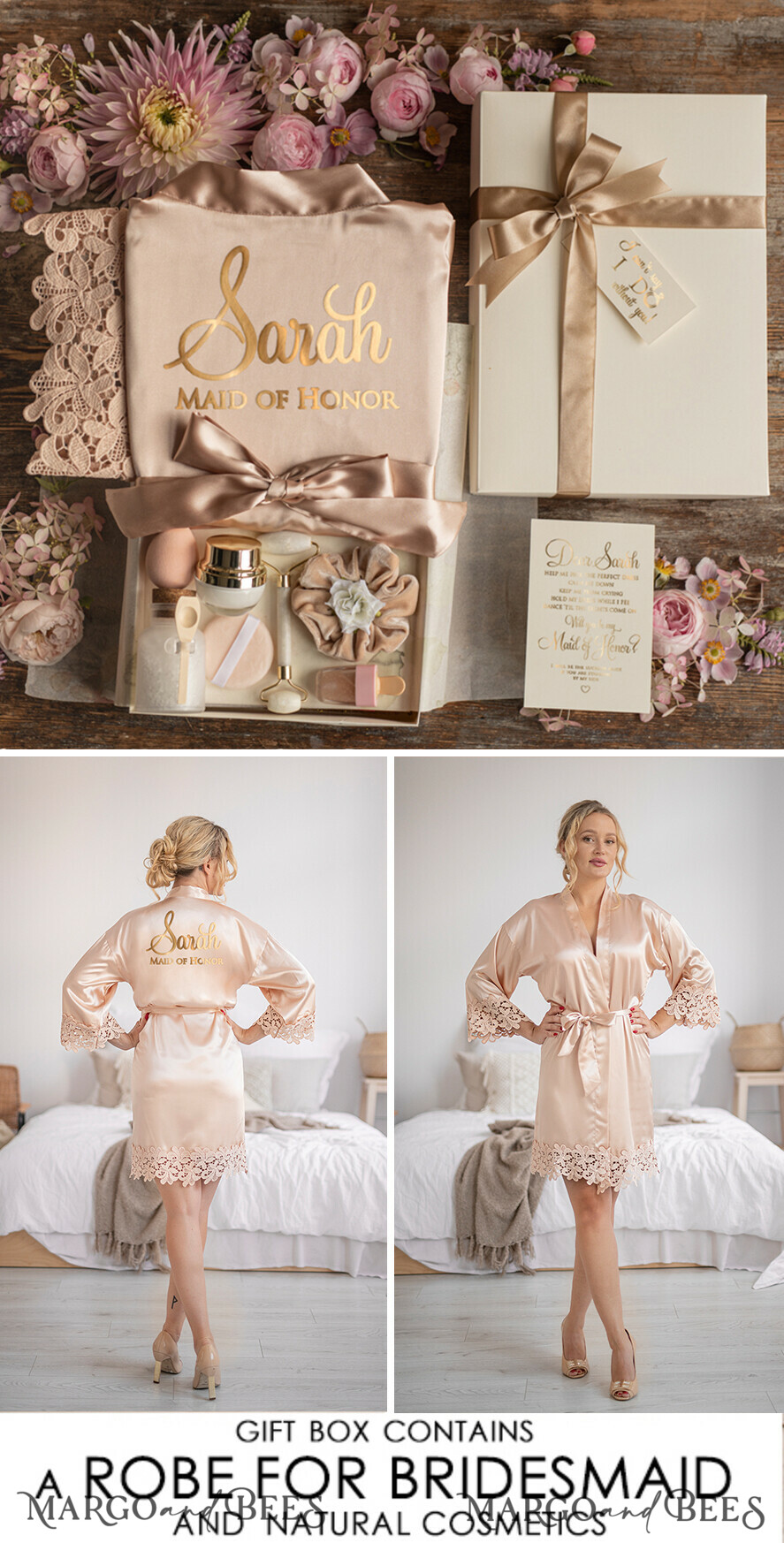BRIDESMAID/BEST MAN BOX WILL YOU BE MY BRIDESMAID Elegant Personalized Present for Bridesmaid, Bridesmaid proposal satin robe, cosmetic set