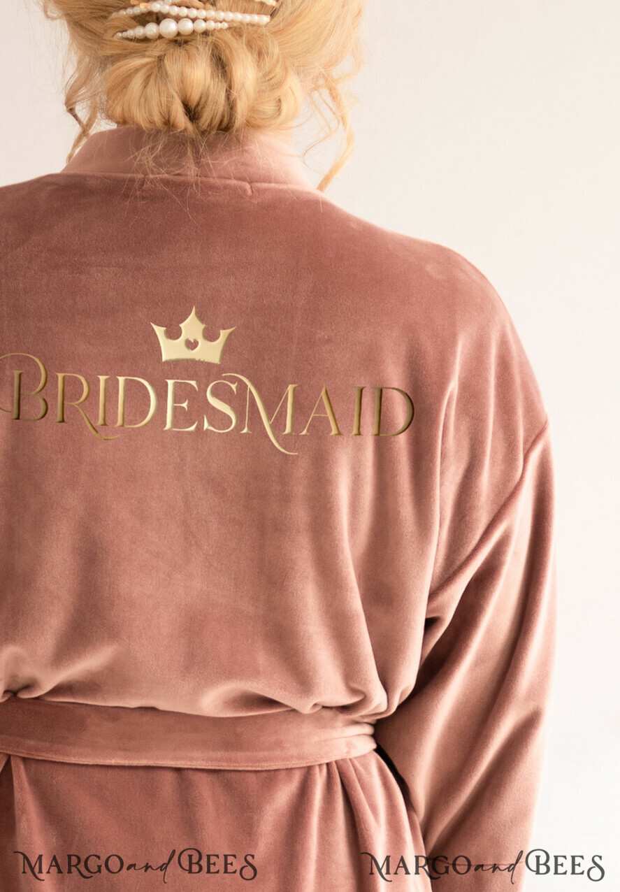 BRIDESMAID/BEST MAN BOX WEDDING ROBE Rose Gold Velvet wedding Robe Bridesmaid Gift Robe with Gold Text, Custom bespoke wedding Robe