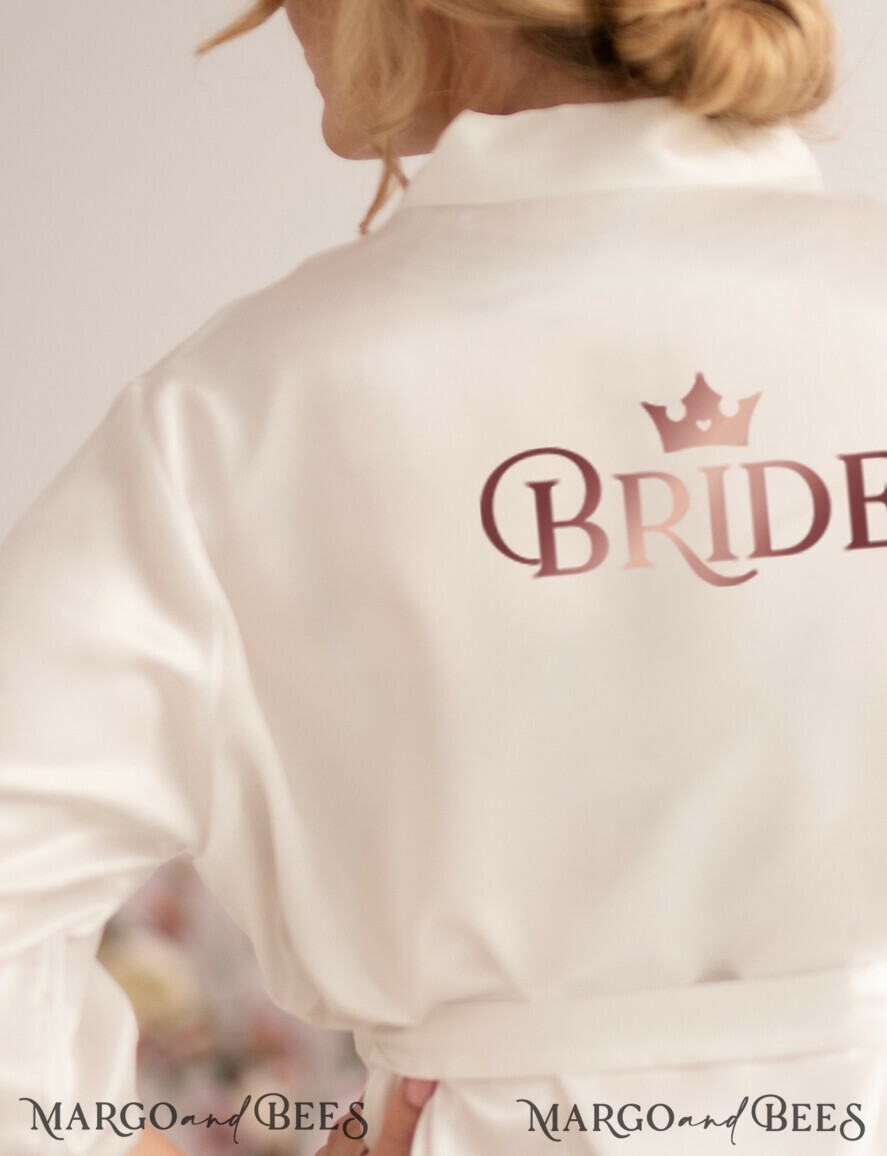 NEWLY WEDS COUPLE GIFTS Bride gifts Satin Elegant White Robe for Bride, Custom Bride Rose Gold Wedding Inscription, Custom Bridal Robe