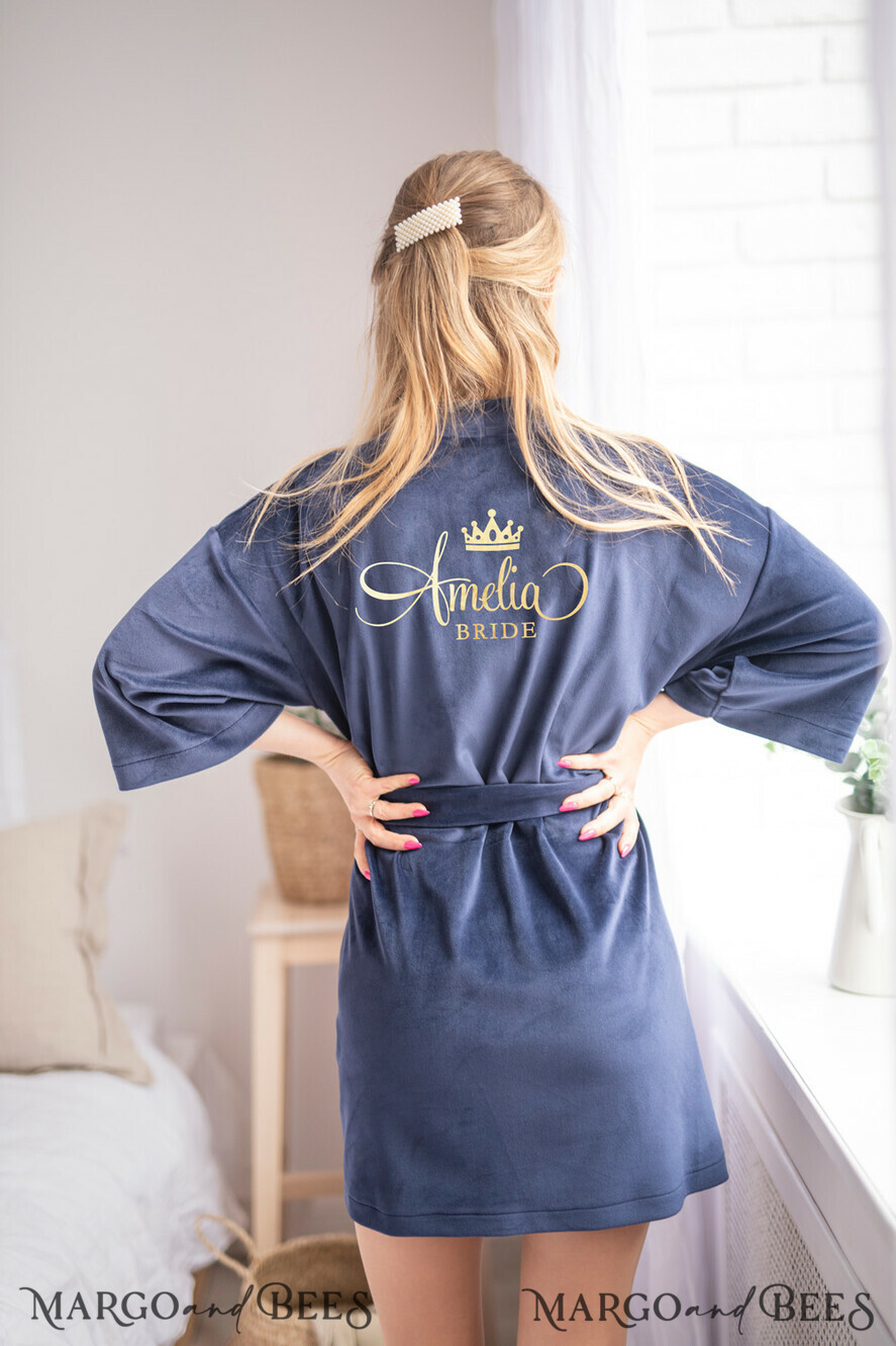 NEWLY WEDS COUPLE GIFTS Bride gifts Navy wedding robe for bride with your foil inscription, Custom Navy Blue Wedding Robe for Bride