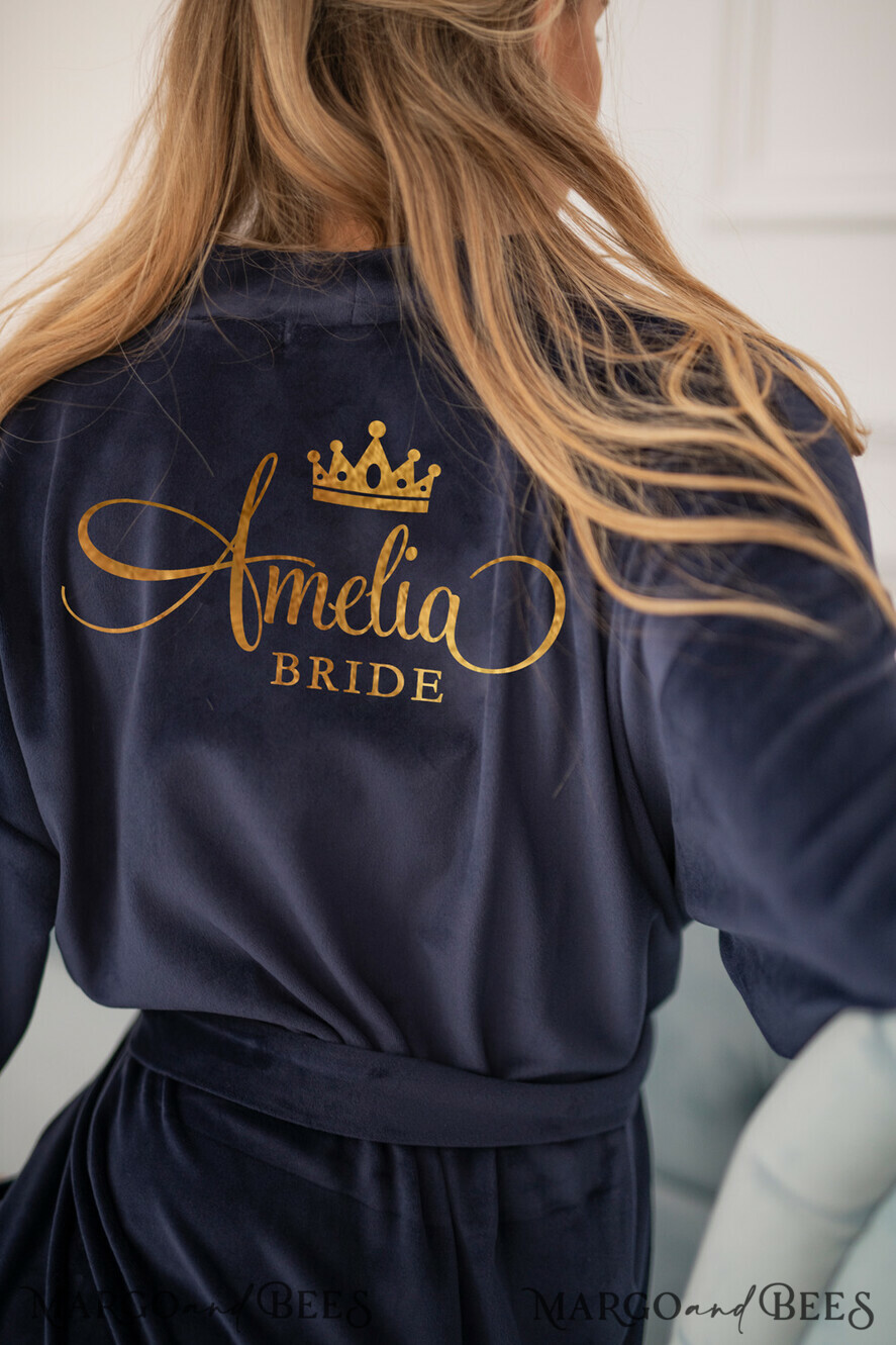 NEWLY WEDS COUPLE GIFTS Bride gifts Navy wedding robe for bride with your foil inscription, Custom Navy Blue Wedding Robe for Bride