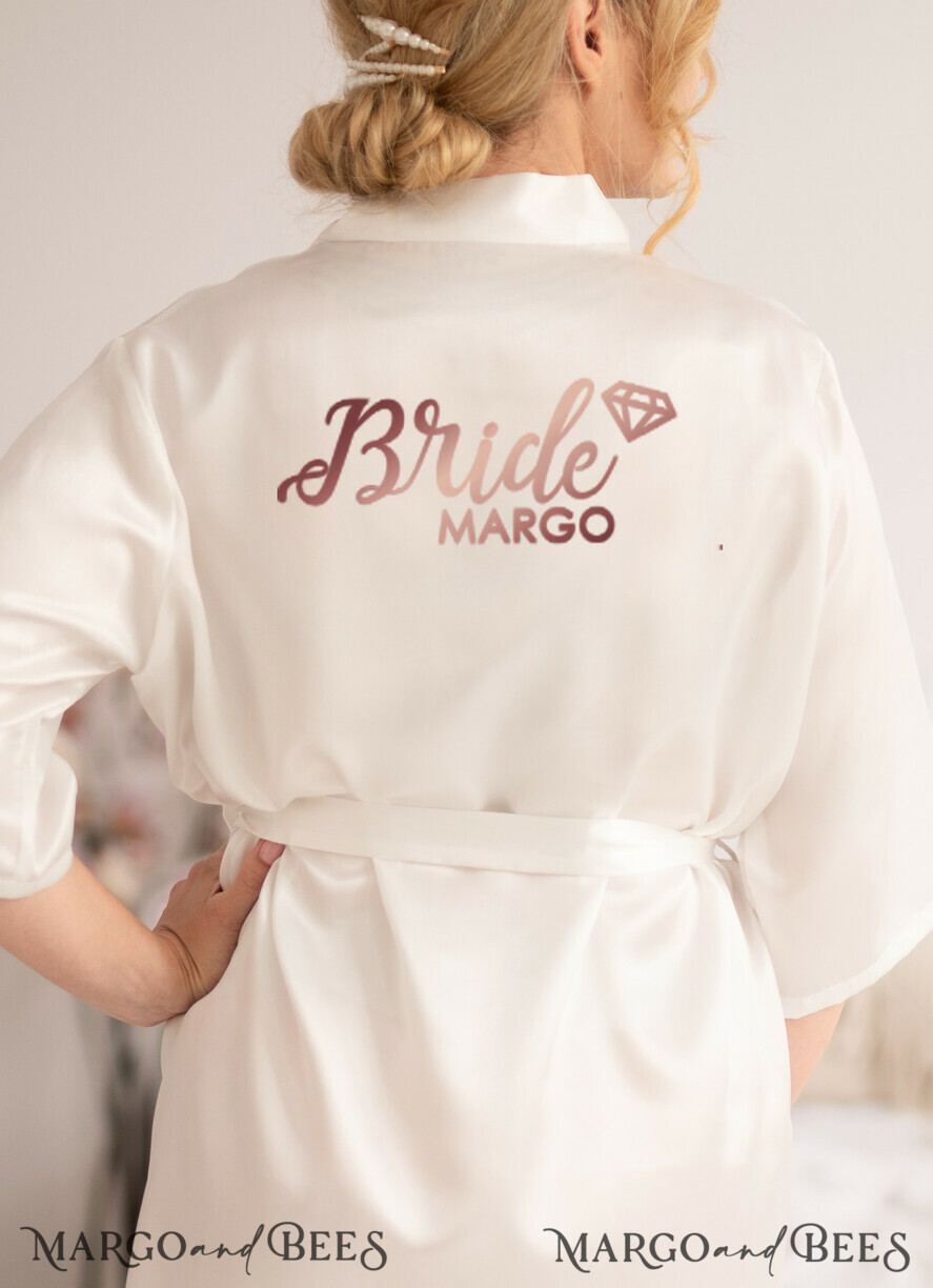 NEWLY WEDS COUPLE GIFTS Bride gifts Satin White Bride Robe, Rose gold Bridal Robe with your name, Elegant luxurious robe for Bride