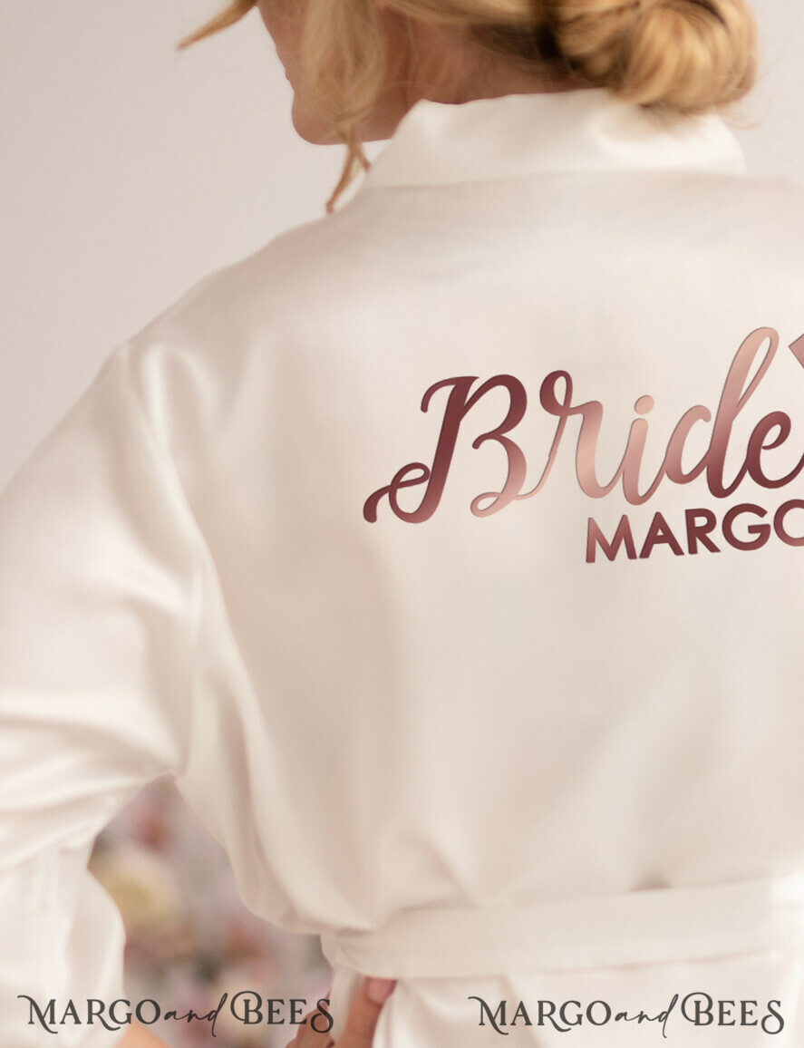 NEWLY WEDS COUPLE GIFTS Bride gifts Satin White Bride Robe, Rose gold Bridal Robe with your name, Elegant luxurious robe for Bride