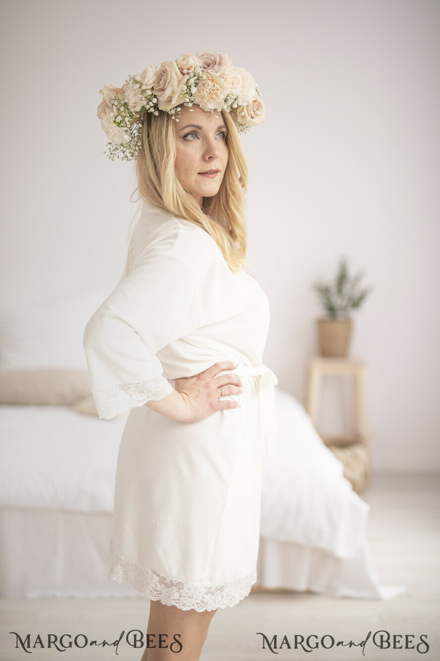 NEWLY WEDS COUPLE GIFTS Bride gifts Elegant Velvet wedding robe with lace for Bride, White Velvet Wedding Robe, Custom Foil Handmade Robe Wedding