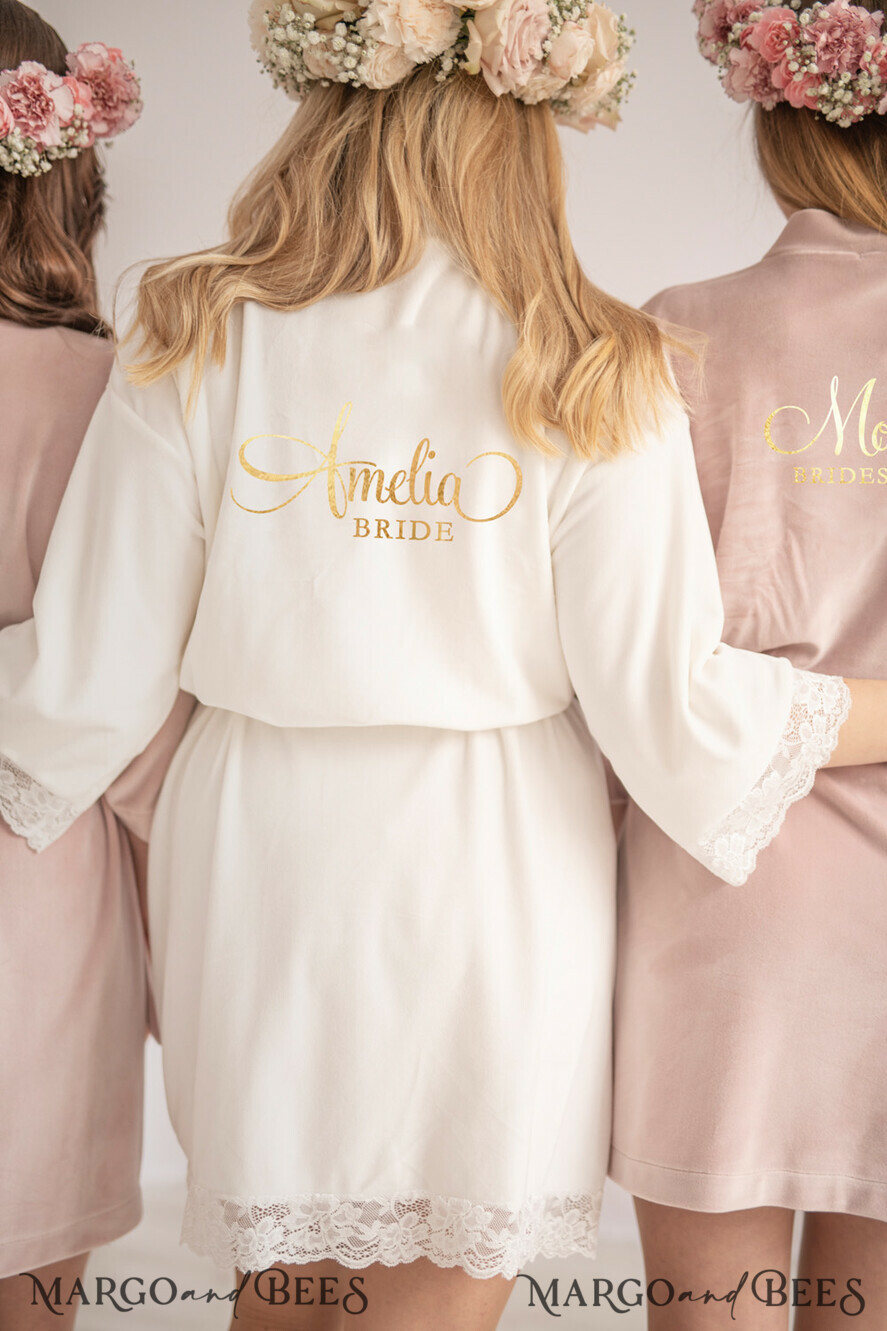 NEWLY WEDS COUPLE GIFTS Bride gifts Elegant Velvet wedding robe with lace for Bride, White Velvet Wedding Robe, Custom Foil Handmade Robe Wedding
