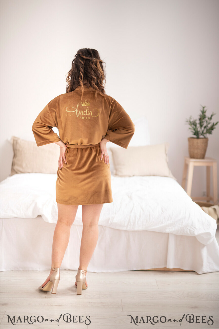 NEWLY WEDS COUPLE GIFTS Bride gifts Caramel beige wedding robe for Bride with gold foil inscription, Luxurious copper wedding Bride Robe