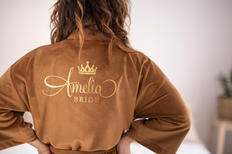 NEWLY WEDS COUPLE GIFTS Bride gifts Caramel beige wedding robe for Bride with gold foil inscription, Luxurious copper wedding Bride Robe