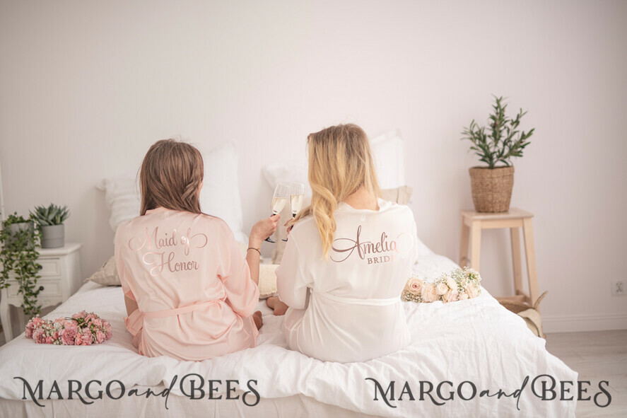 NEWLY WEDS COUPLE GIFTS Bride gifts White satin wedding robe for Bride with rose gold inscription, Elegant Rose Gold Wedding Robe, Bride Wedding GIft