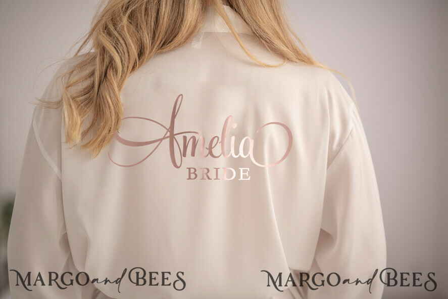 NEWLY WEDS COUPLE GIFTS Bride gifts White satin wedding robe for Bride with rose gold inscription, Elegant Rose Gold Wedding Robe, Bride Wedding GIft