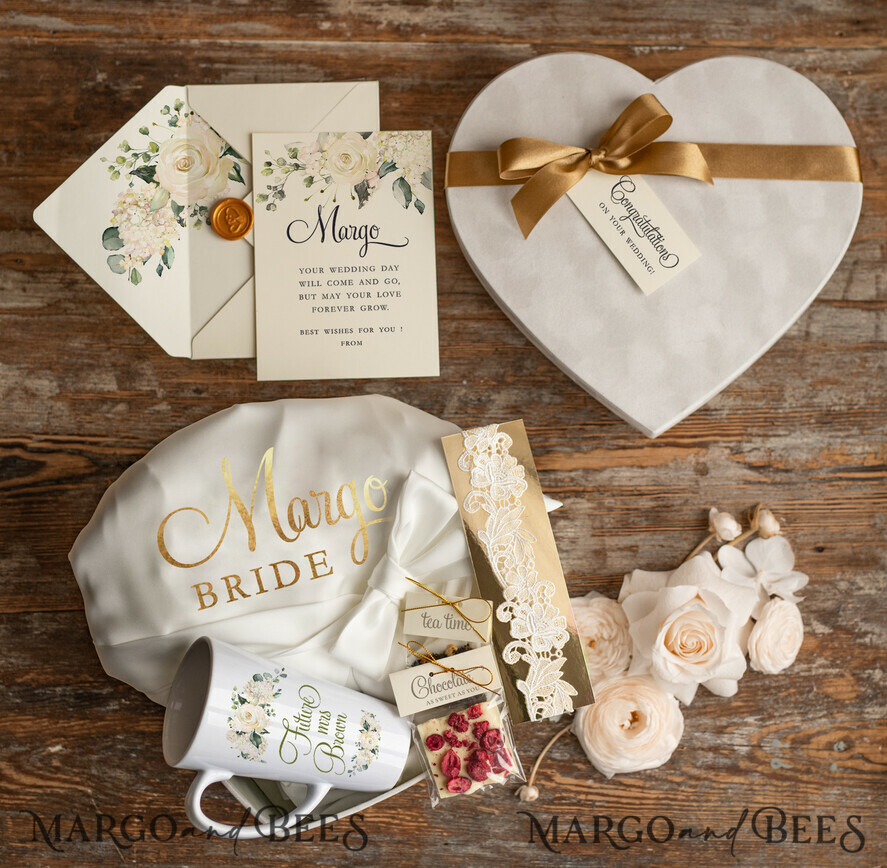 NEWLY WEDS COUPLE GIFTS Bride gifts Floral Gold Wedding Present Box, Bride Satin Robe for Bride, Custom Floral Bride Mug, Elegant wedding garter