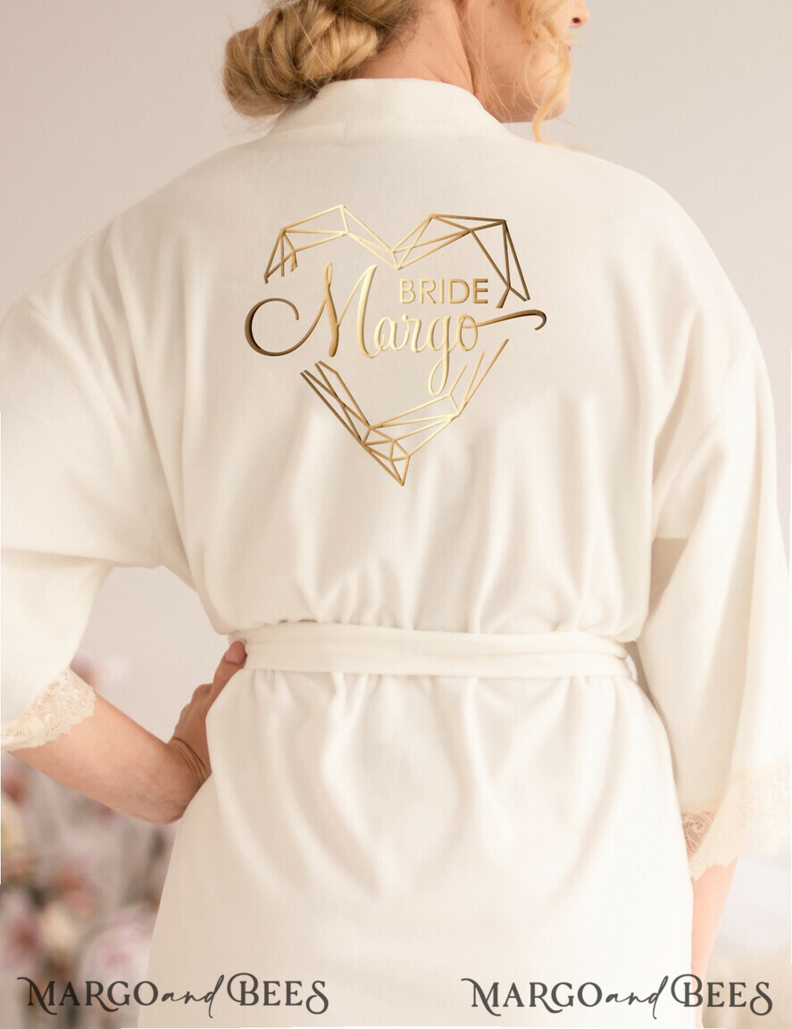 NEWLY WEDS COUPLE GIFTS Bride gifts Romantic Elegant Wedding Robe, Custom geometric Heart Robe, Bride Velvet White SOFT robe