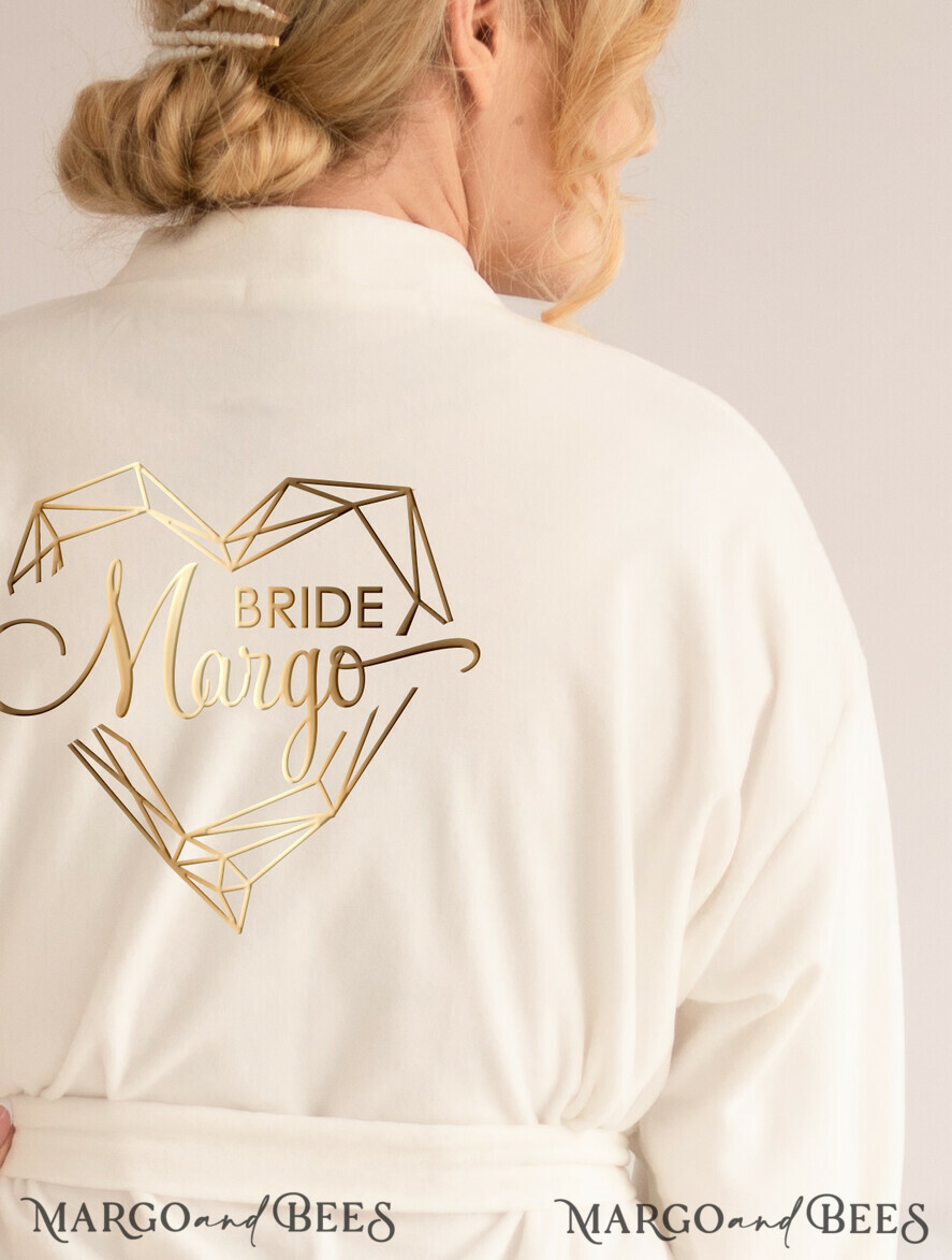 NEWLY WEDS COUPLE GIFTS Bride gifts Romantic Elegant Wedding Robe, Custom geometric Heart Robe, Bride Velvet White SOFT robe