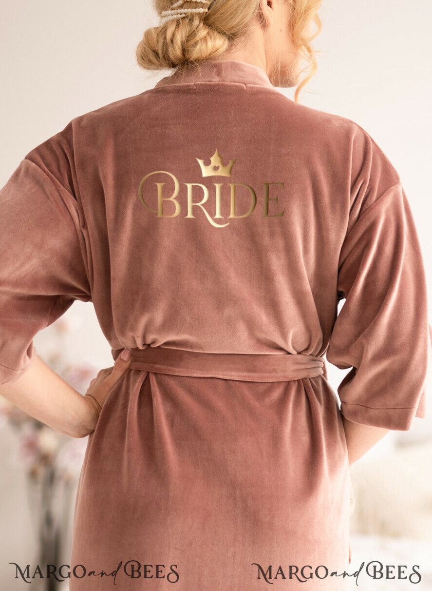 NEWLY WEDS COUPLE GIFTS Bride gifts Rose Gold Velvet wedding Robe, Custom bespoke wedding Robe, Bride Gift Robe with Gold Text